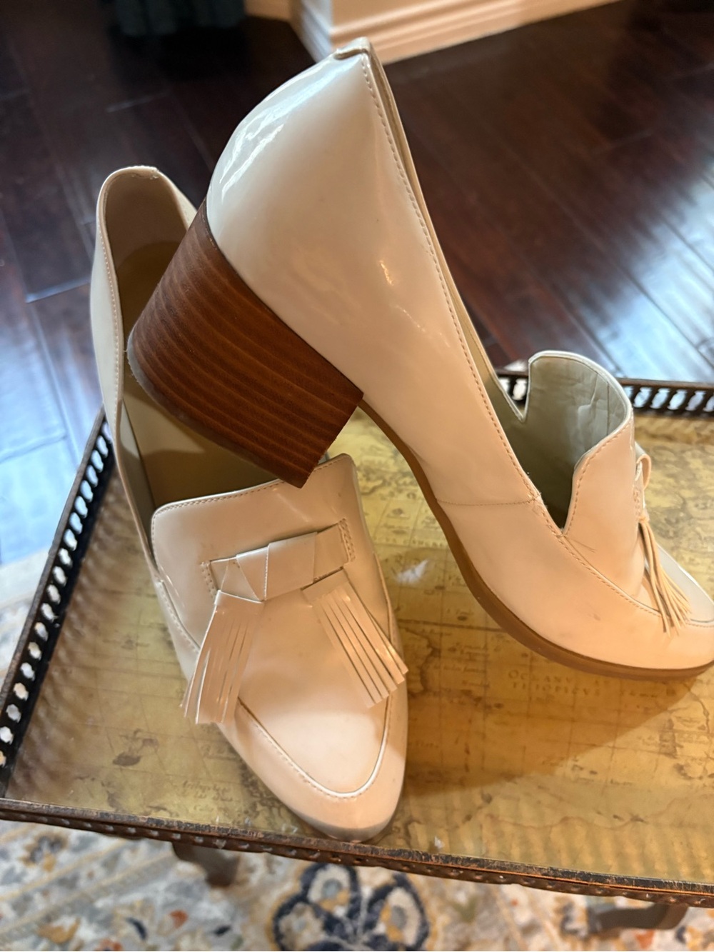 Marc Fisher Cream Tassel Loafers with Stacked Heel